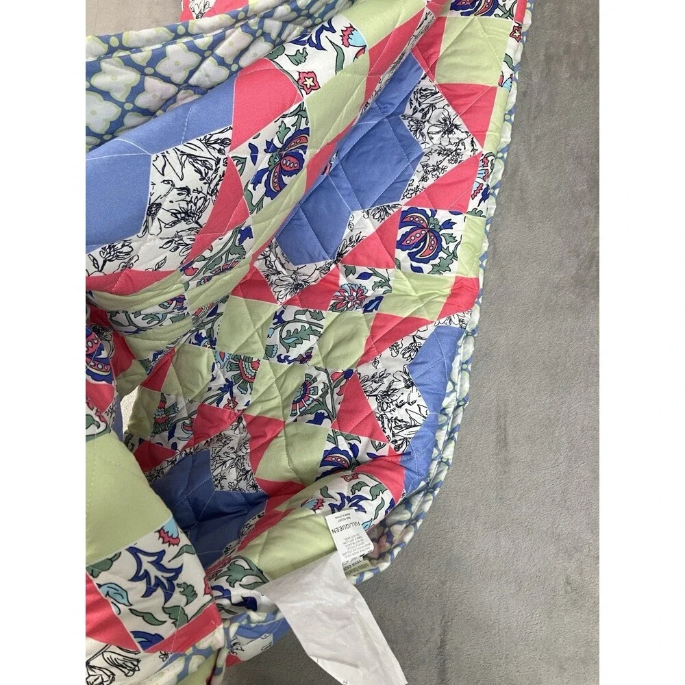 Vera Bradley Full Queen Quilt Set 3 Piece Reversible Floral Patchwork Blue Green